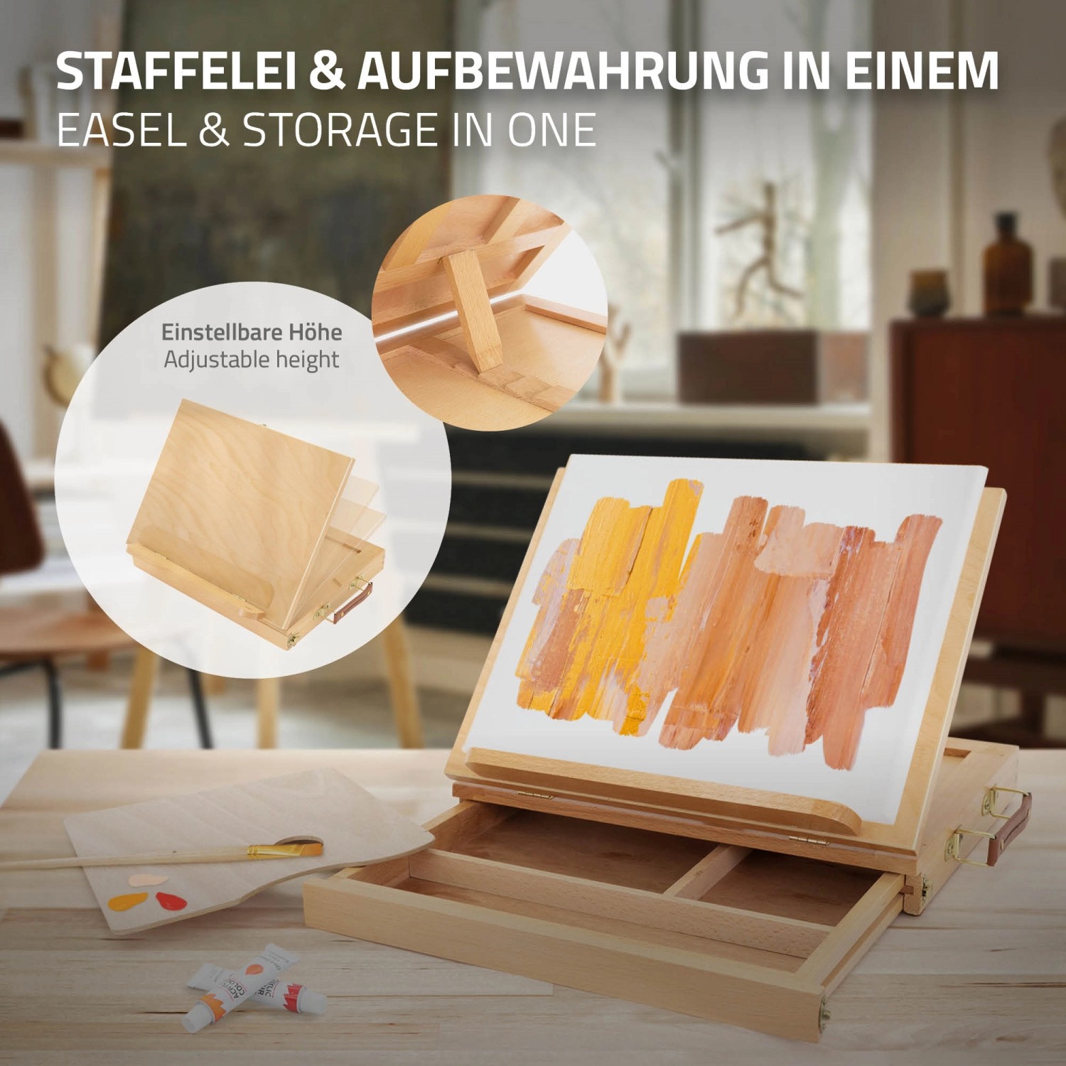 ECD Germany Tischstaffelei aus Holz mit Schublade und Palette. Kompakte Kofferstaffelei für Bastelfarben.