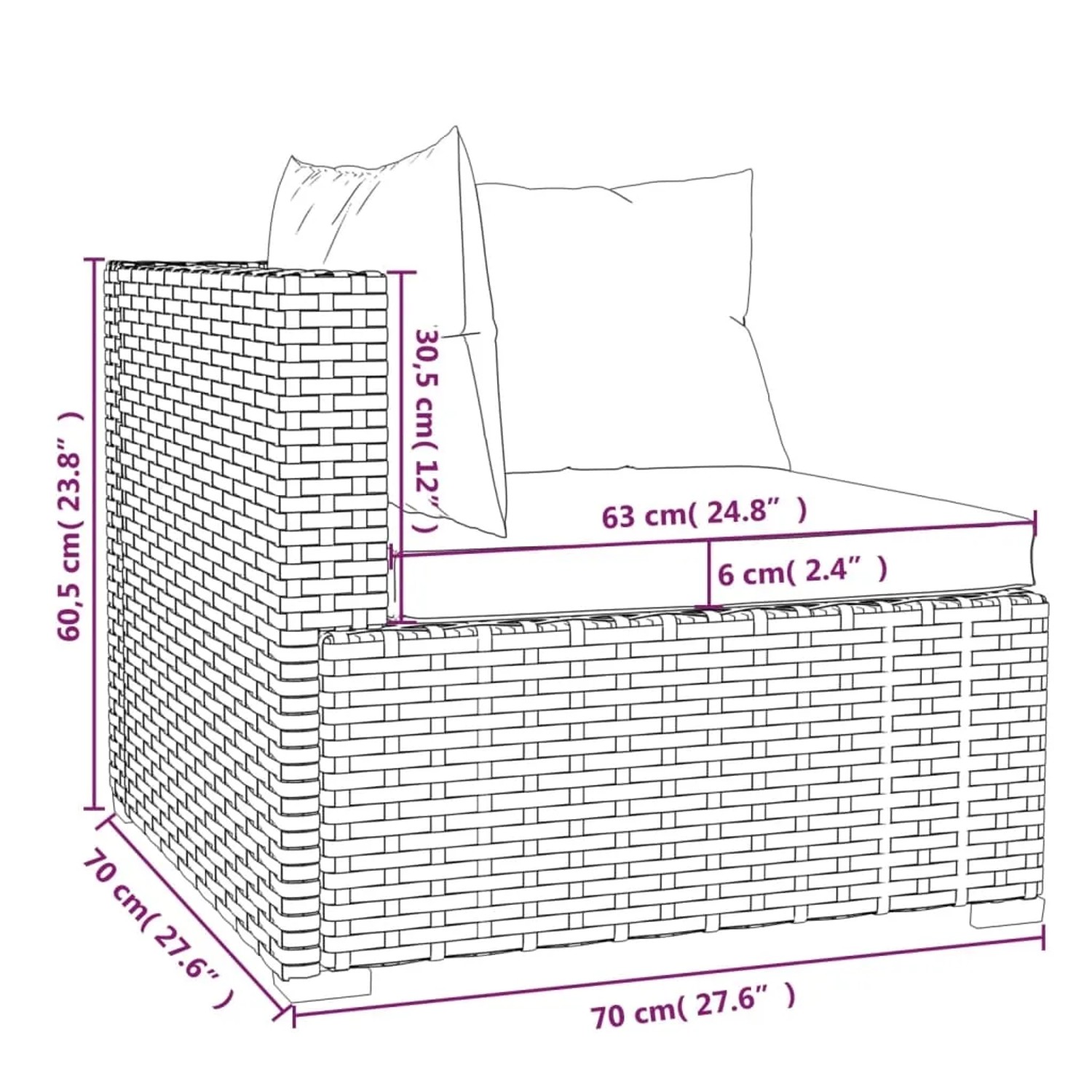 Skizze eines grauen Gartenlounge-Ecksofas aus Rattan mit Maßen und Kissen.
