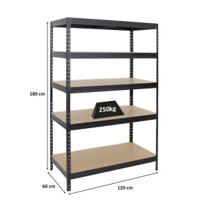 Schwarzes PROREGAL Schwerlastregal mit 5 Böden, 180x120x60 cm, Fachlast 250 kg.