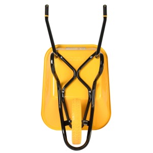 Gelbe Haemmerlin Bau Plus Schubkarre mit 100 l Mulde und PU-Rad, Ansicht von hinten.