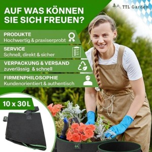 TTL GARDEN Pflanzsack 30L 10er Set Filz Stofftopf 300g/qm Vlies Pflanzentopf Rund Ø35,5cm Für Gemüse Kräuter