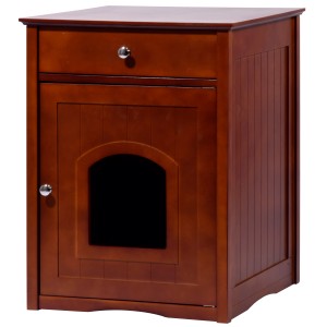 Brauner Design Katzenschrank mit Schublade und Eingangstür. Ideal als Katzenhöhle oder Versteck für die Katzentoilette.