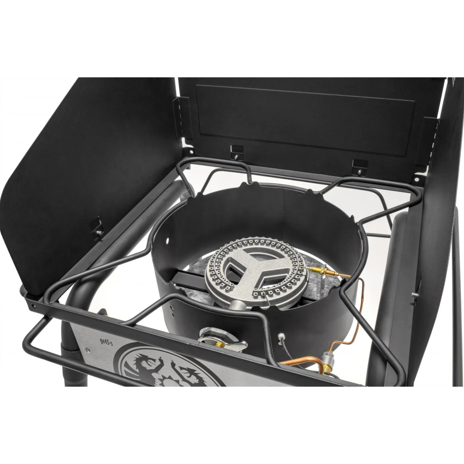 Petromax Gastisch ge45-s Einzelbrenner (45cm) für Gasgrills, mit Windschutz und Haltebügel.