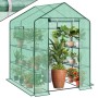 Grünes begehbares Foliengewächshaus mit 8 Regalebenen, Pflanzen, Rolltür und Fenster für Garten.