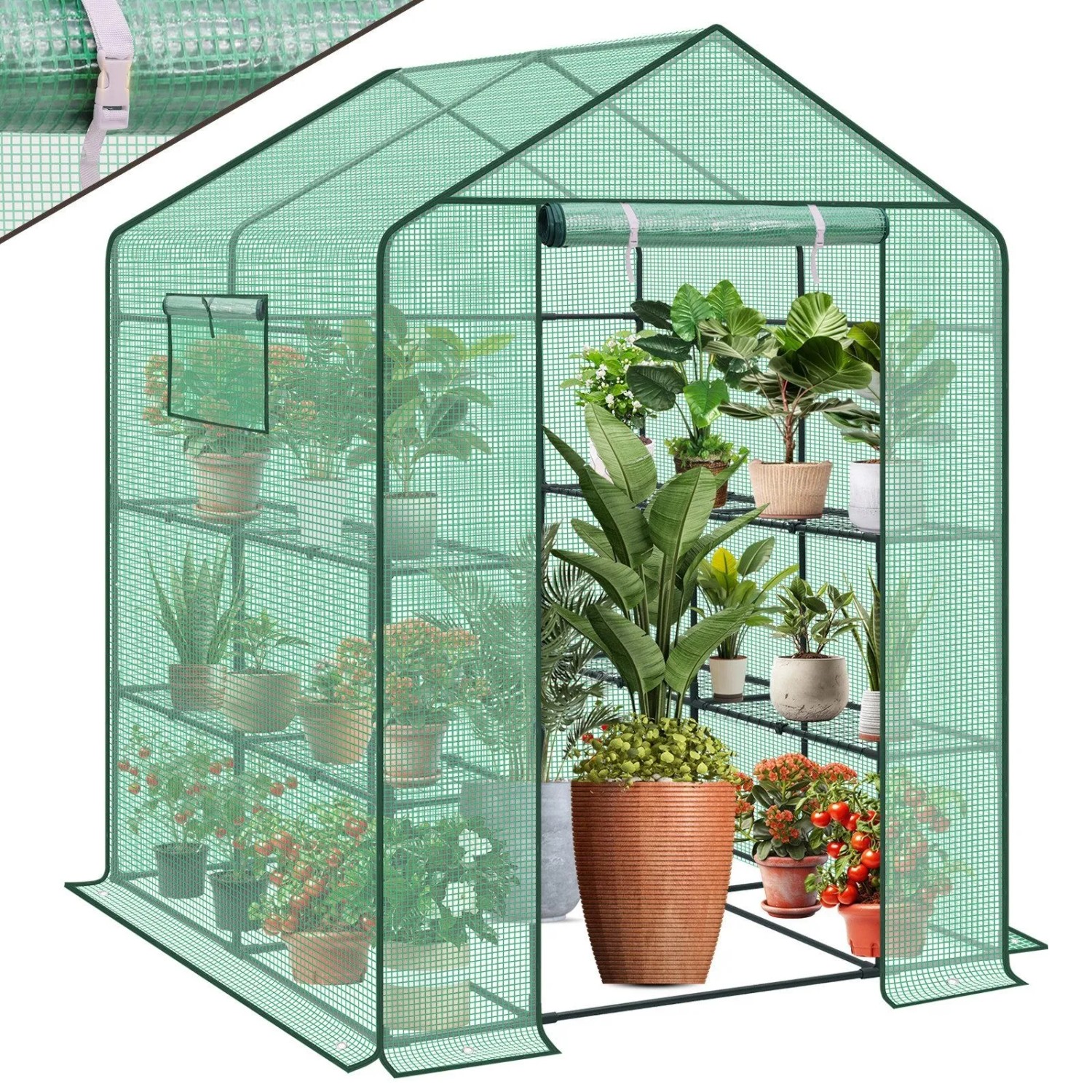 Sekey Gewächshaus Begehbares Foliengewächshaus mit 8 Regalebenen Treibhaus für Garten 145 x 145 x 200 cm Tomatenhaus Winterfest mit Tür und Fenster