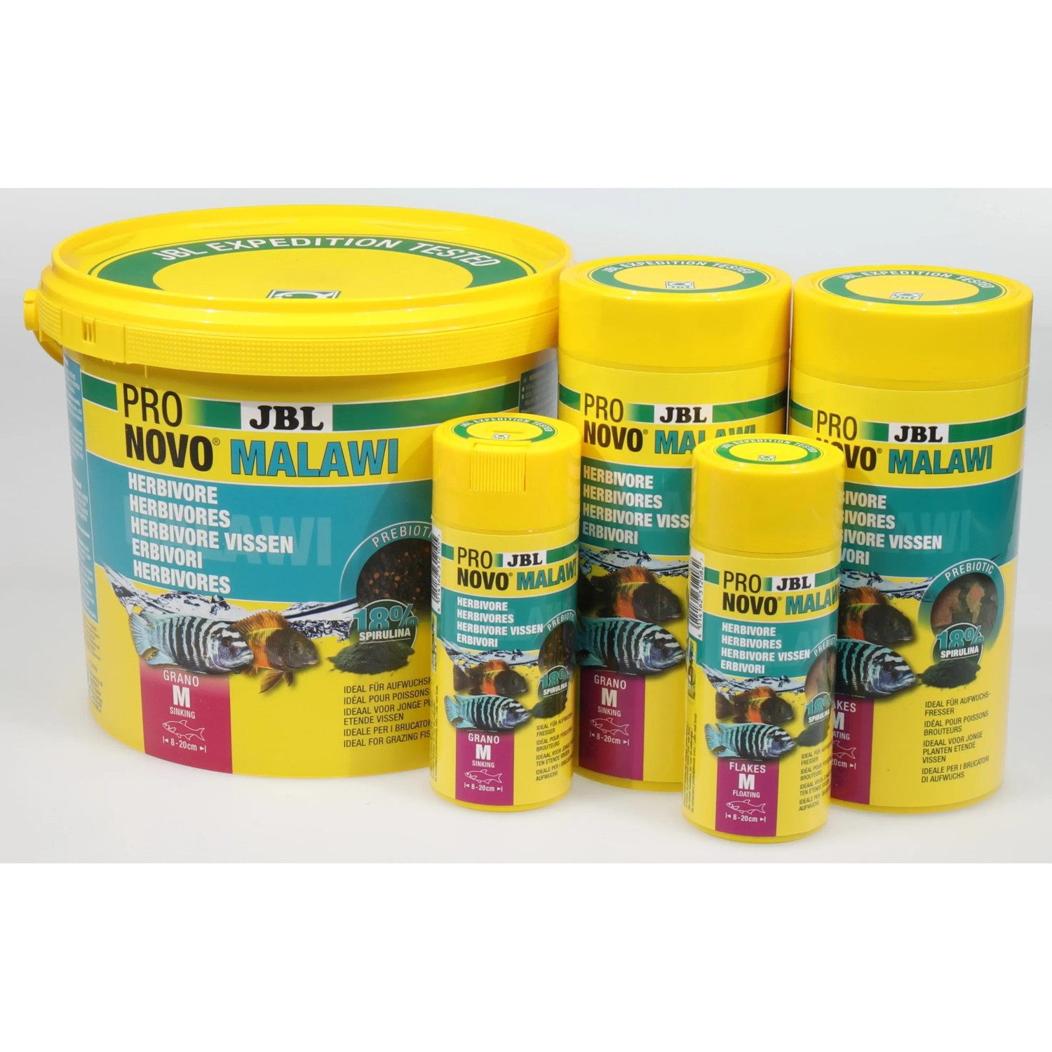 JBL Pronovo Malawi Flakes M, Fischfutter für Malawi-Buntbarsche in gelben Dosen und Eimer.