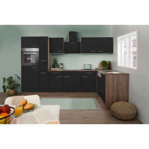 Respekta Winkelküche, 310 cm, Schwarz Seidenglanz mit Eiche York Dekor, inklusive Elektrogeräte.