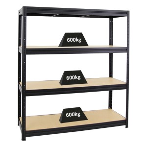 Schwarzes PROREGAL Schwerlastregal Dino mit vier MDF-Holzböden, Fachlast 600 kg.