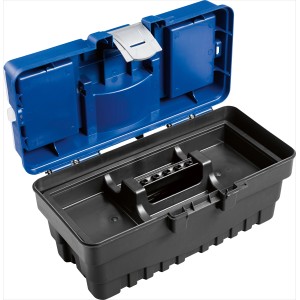 Offener LUX Werkzeugkoffer KWK-14 aus Kunststoff, blau/schwarz, mit Sortierkasten.