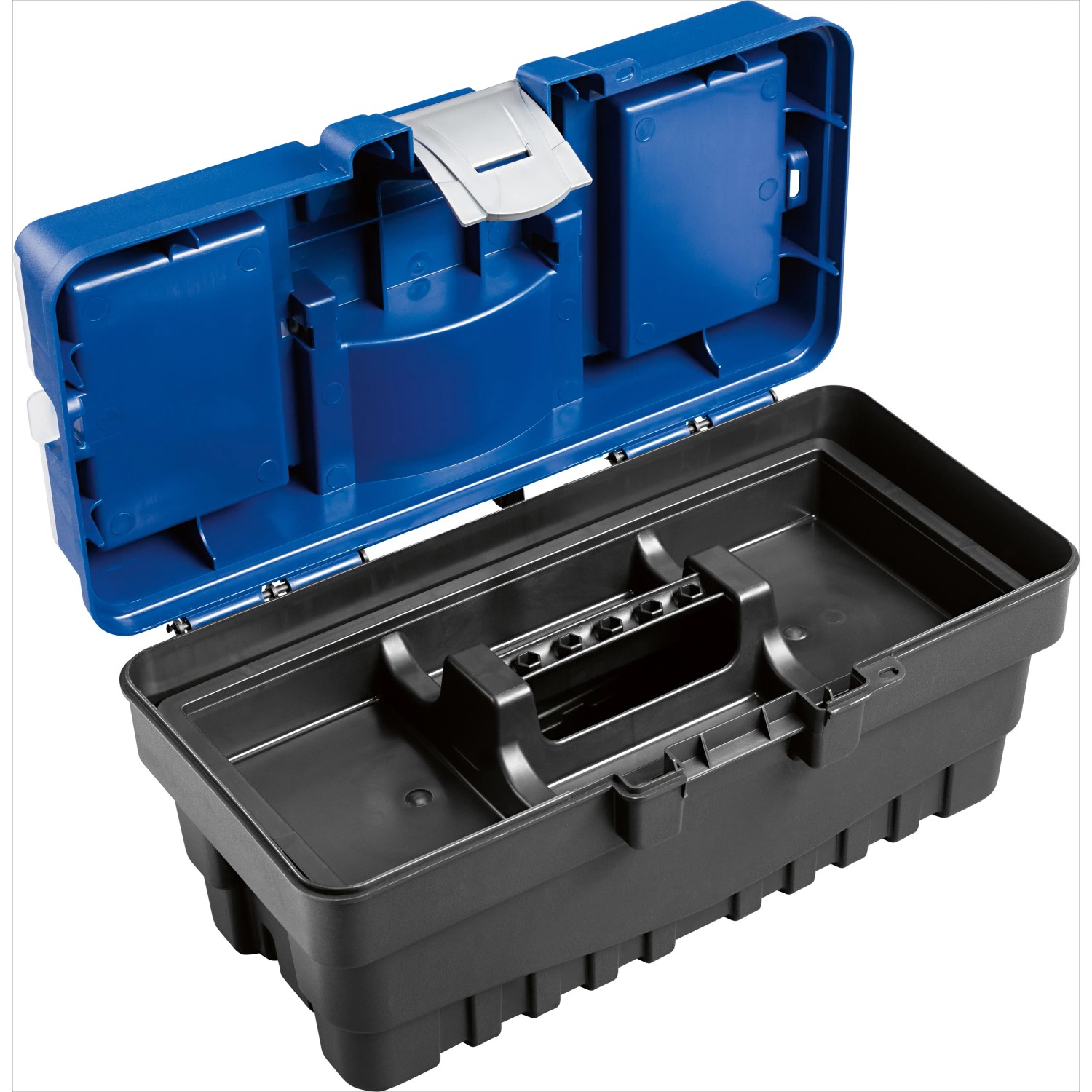 Offener LUX Werkzeugkoffer KWK-14 aus Kunststoff, blau/schwarz, mit Sortierkasten.
