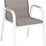 Stuhl der Esstischgruppe Butterfield, weißes Aluminiumgestell, beige Textilbespannung