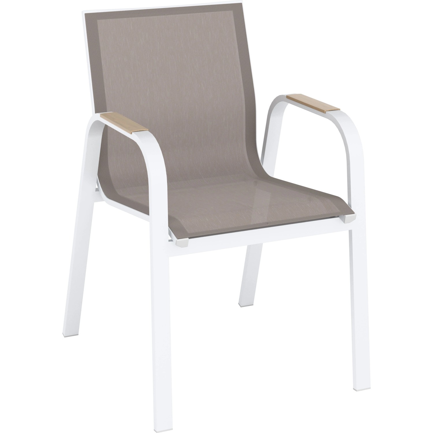 Stuhl der Esstischgruppe Butterfield, weißes Aluminiumgestell, beige Textilbespannung