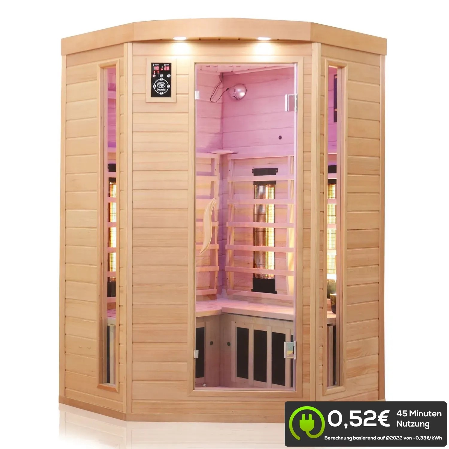 Dewello Infrarotkabine Lakefield 3 für 2 Personen aus Hemlock Tannenholz mit Glasfront.