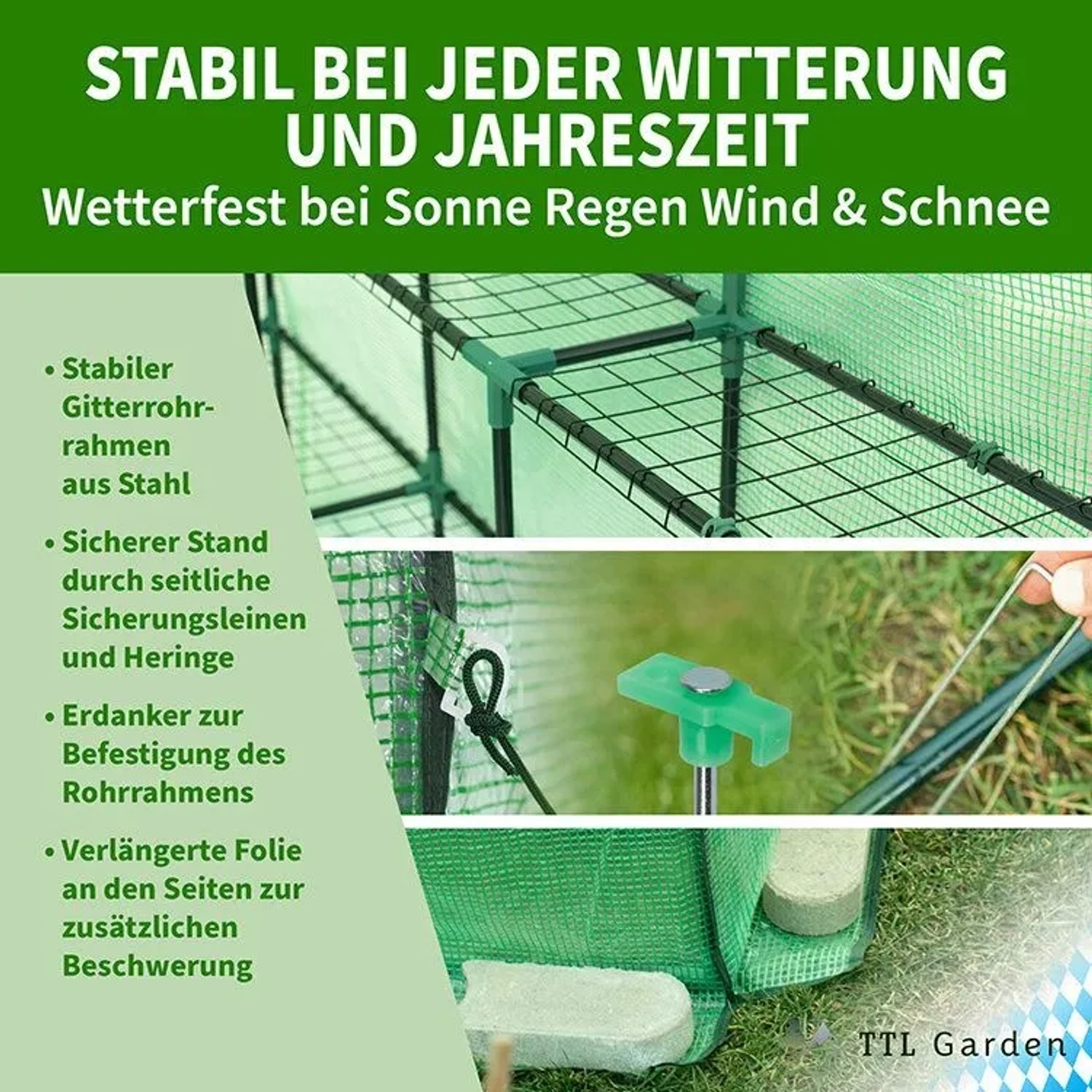 Grünes TTL GARDEN Foliengewächshaus mit Stahlrahmen, Gitternetzfolie, Erdankern und Sicherungsleinen für Stabilität.