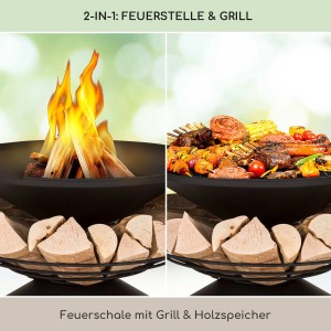Blumfeldt Aguilera Feuerschale mit Grill und Holzlager, Stahl, schwarz. Feuer und Grillgut im Garten.