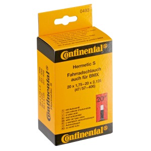 Continental Fahrradschlauch 20 Zoll mit Autoventil in gelber Verpackung.