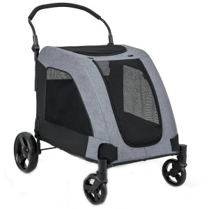 Grauer klappbarer Costway Hundebuggy mit Netzfenstern, für große Hunde bis 60 kg, ideal für Transport.