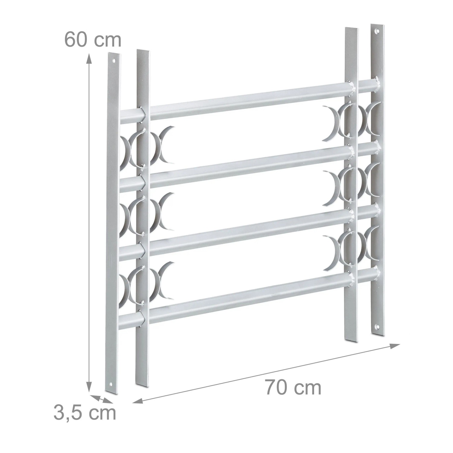 Graues, ausziehbares Stahl Fenstergitter 60x70 cm mit Zierelementen für Einbruchschutz.