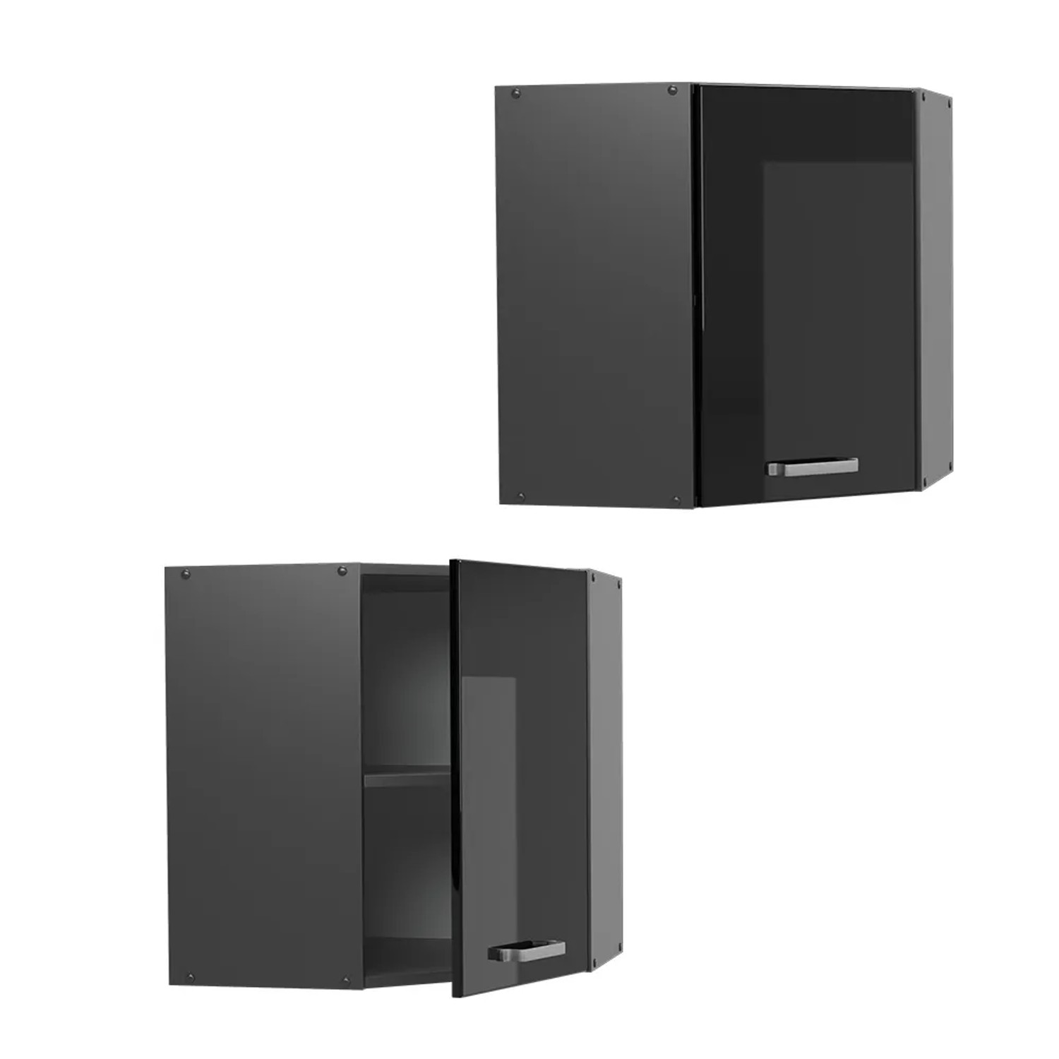 Vicco Eckhängeschrank R-Line, schwarz hochglanz/anthrazit, 57 cm, zwei Ansichten. Küchenschrank zur Eckmontage.