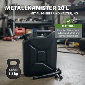 Schwarzer TRUTZHOLM Metall Kraftstoffkanister 20L mit Ausgießer und Halter.