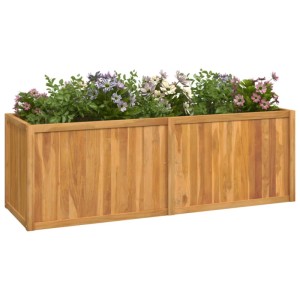 vidaXL Hochbeet aus Teakholz, 150x50x50 cm, bepflanzt mit Blumen.