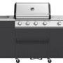 Outdoor-Küche mit Gasgrill in Schwarz und Edelstahl, inklusive Spülbecken und Stauraum.