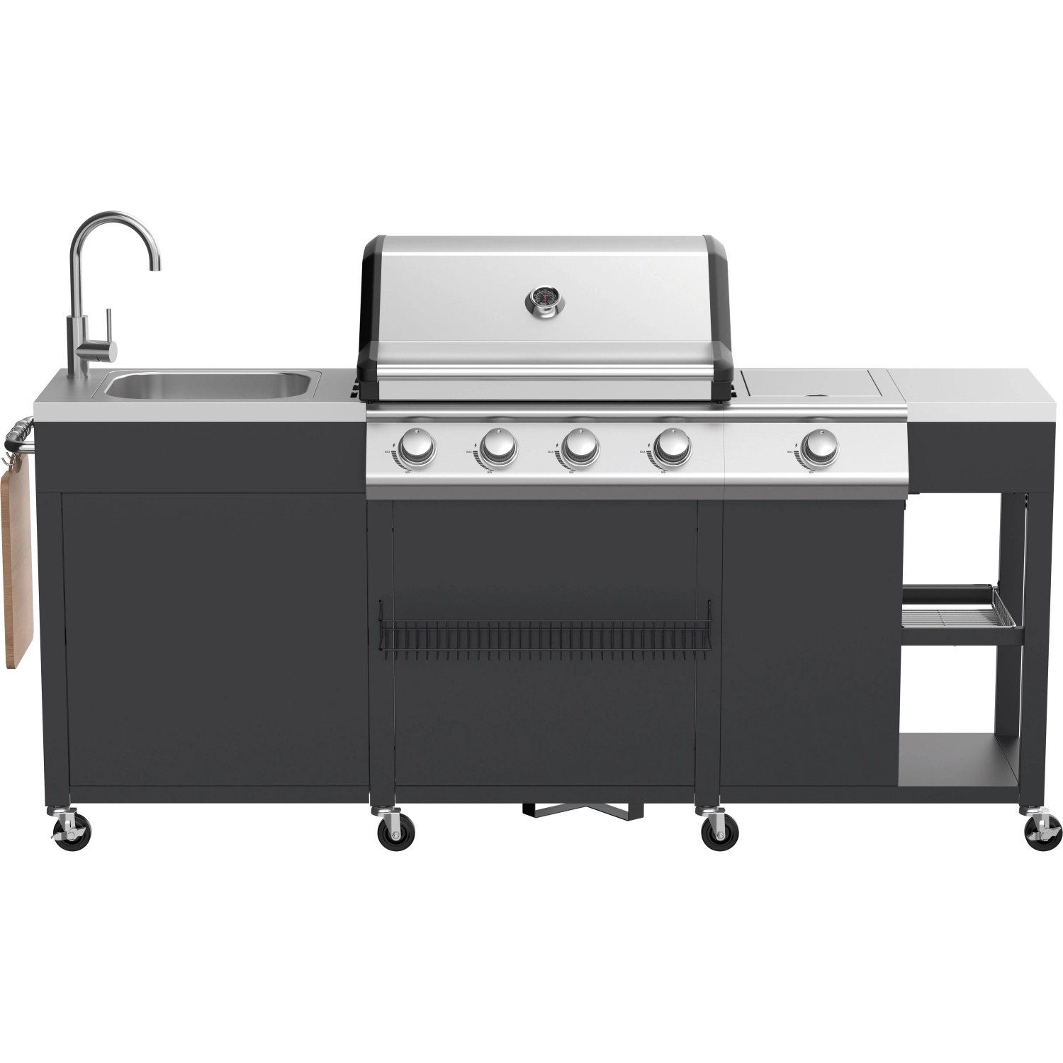 Outdoor-Küche mit Gasgrill in Schwarz und Edelstahl, inklusive Spülbecken und Stauraum.