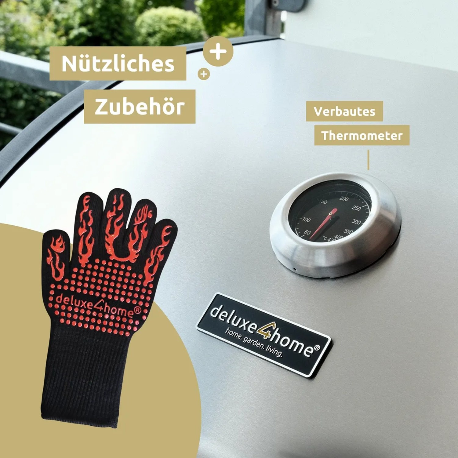 deluxe4home Gasgrill: Detailaufnahme von Thermometer und Grillhandschuh mit Flammenmuster.