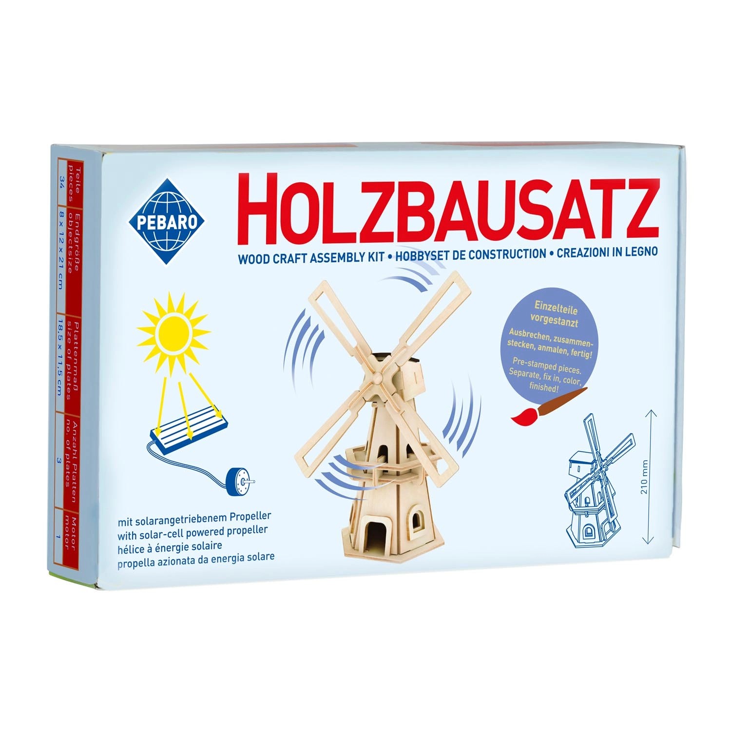 Pebaro Solar Windmühle Bausatz mit Motor, aus Holz, zum Basteln und Spielen.