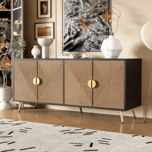 Modernes Sideboard mit 4 Türen in Schwarz und Holzmaserung, geometrischem Rillenmuster und goldenen Griffen.