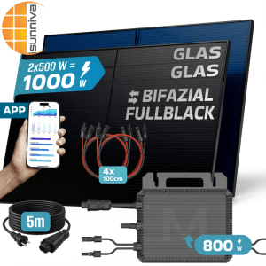 SUNNIVA Balkonkraftwerk 1000W mit bifazialen Glas-Glas Solarmodulen, Wechselrichter und Kabel.