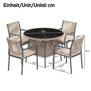 5-teiliges Merax Gartenmöbel-Set: runder Glastisch, 4 Armlehnstühle mit beigem Rattan-Geflecht und grauen Gestellen.