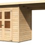 Karibu Holz-Gartenhaus Neuenburg mit Anbaudach, naturbelassenes Fichtenholz, Doppeltür mit Lichtausschnitt.