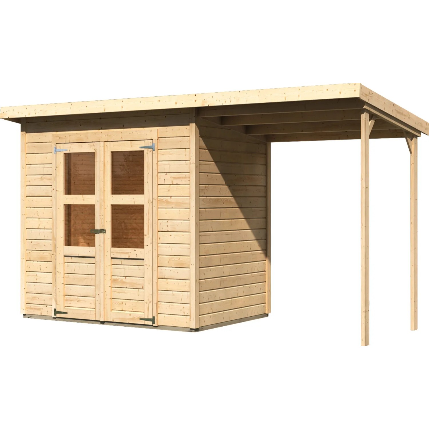 Karibu Holz-Gartenhaus Neuenburg mit Anbaudach, naturbelassenes Fichtenholz, Doppeltür mit Lichtausschnitt.
