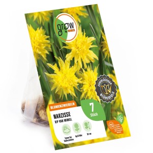 Verpackung GROW by OBI Narzisse Rip van Winkle, gelbe Blüten, Blumenzwiebeln.