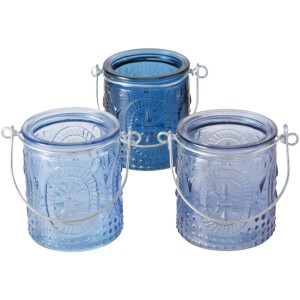 Drei blaue Boltze Windlichter Country mit Bügel, 7 cm x Ø 8 cm.