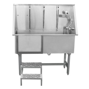 Monstershop Edelstahl Haustier Badewanne 400mm mit Treppe und Brause für die Hundefellpflege.