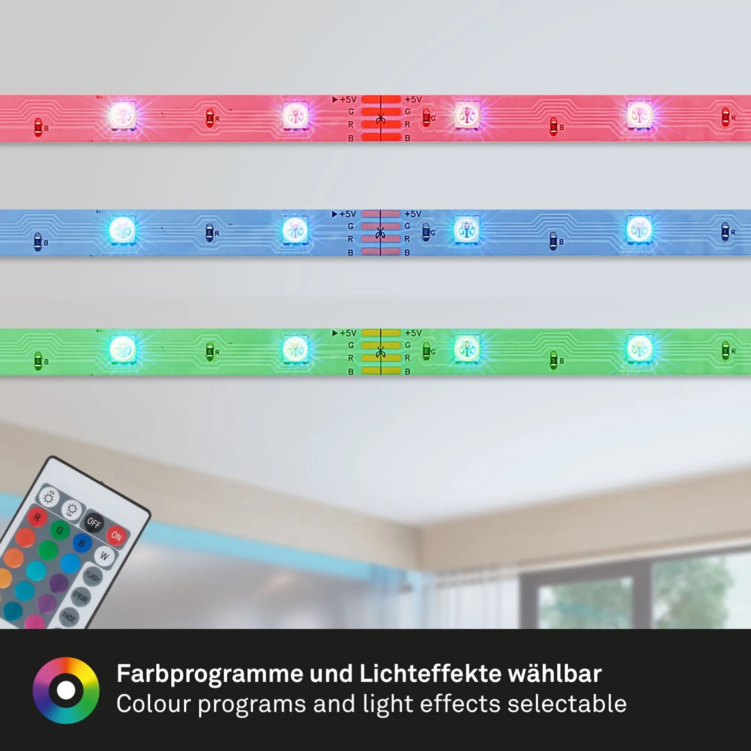 Brilo LED-Streifen RGB, 5m mit USB, dimmbar und Fernbedienung für Farbwechsel.