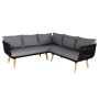 L-förmiges Gartensofa mit dunkelgrauen Polstern, schwarzem Seilgeflecht und Akazienholzfüßen. Moderne Gartenmöbel-Sitzgruppe.