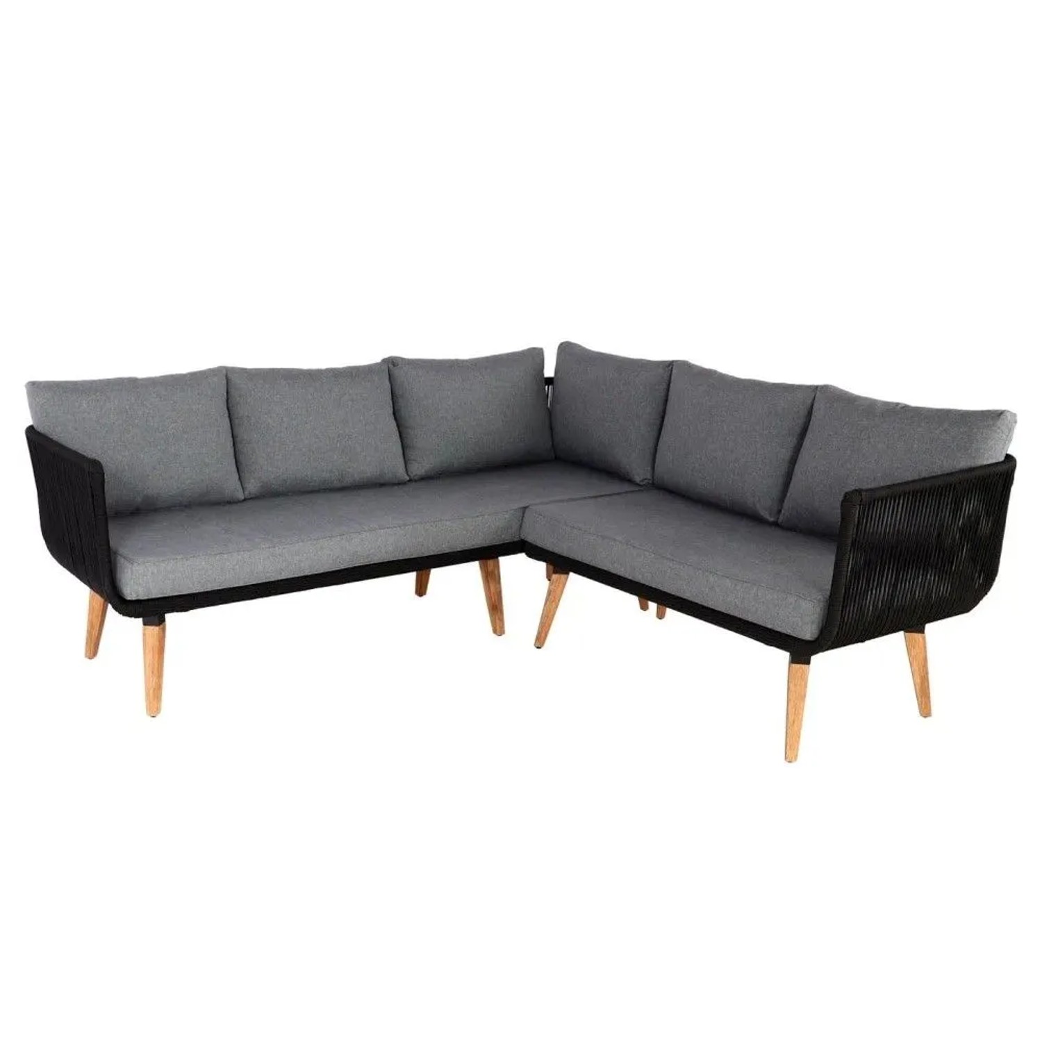 L-förmiges Gartensofa mit dunkelgrauen Polstern, schwarzem Seilgeflecht und Akazienholzfüßen. Moderne Gartenmöbel-Sitzgruppe.