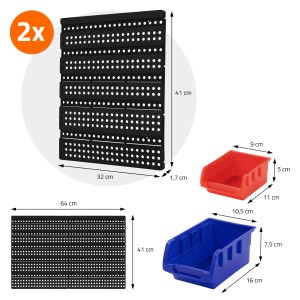 ECD Germany Wandregal mit Stapelboxen, 30-teilig, blau und rot. Werkzeugschrank mit Lochwand und Schütten.