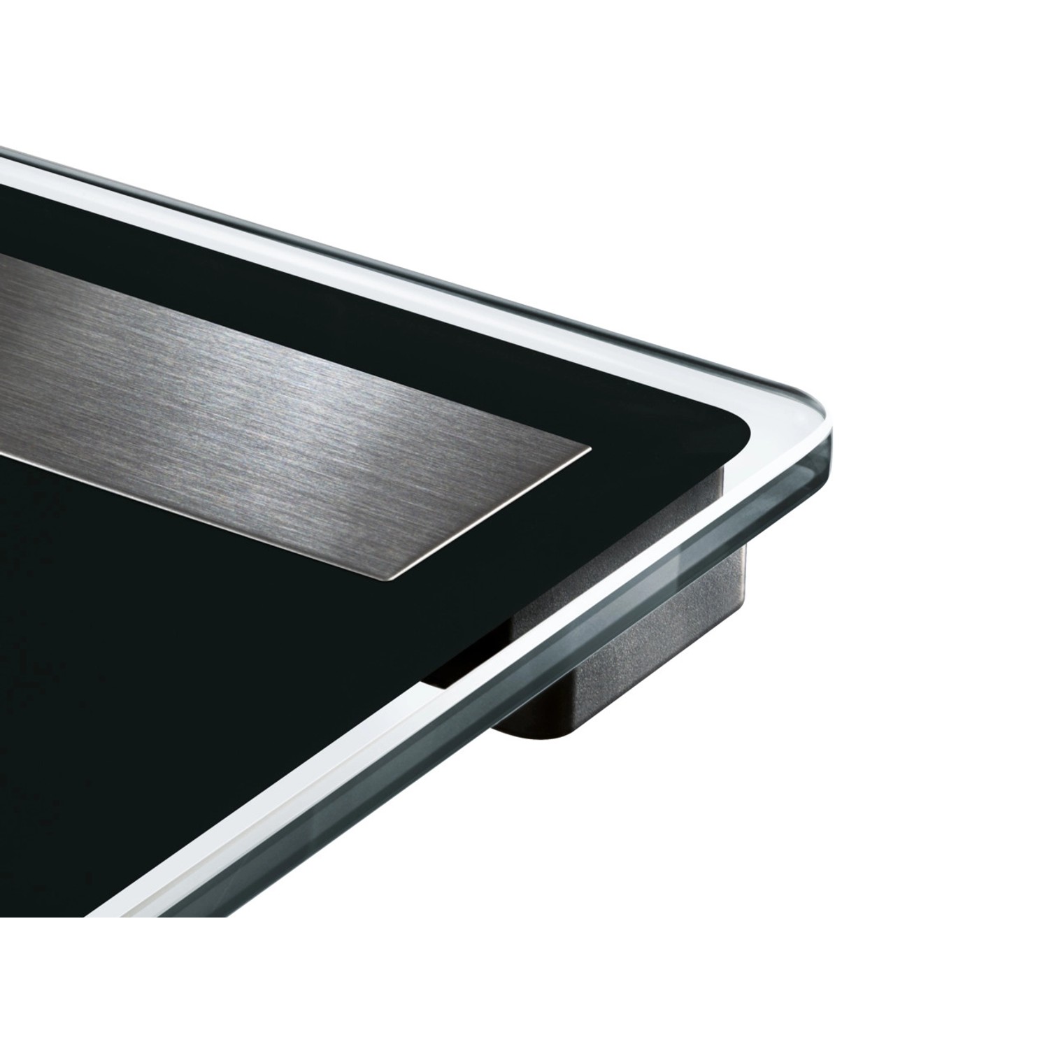 Detailaufnahme der Leifheit Shape Sense Connect 50 Personenwaage in Schwarz-Silber.