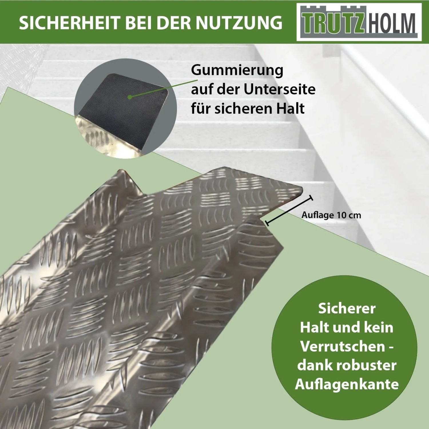 Detailansicht der TRUTZHOLM Auffahrschiene: Gummierte Auflage für sicheren Halt, robustes Aluminium.