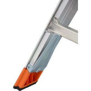 Detailaufnahme der rutschfesten Fußkappe einer Krause Gelenk-Teleskopleiter.