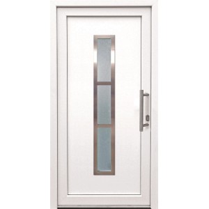 Weiße Kunststoff-Haustür (110x210) mit Glaseinsatz und Edelstahlgriff, Anschlag rechts.