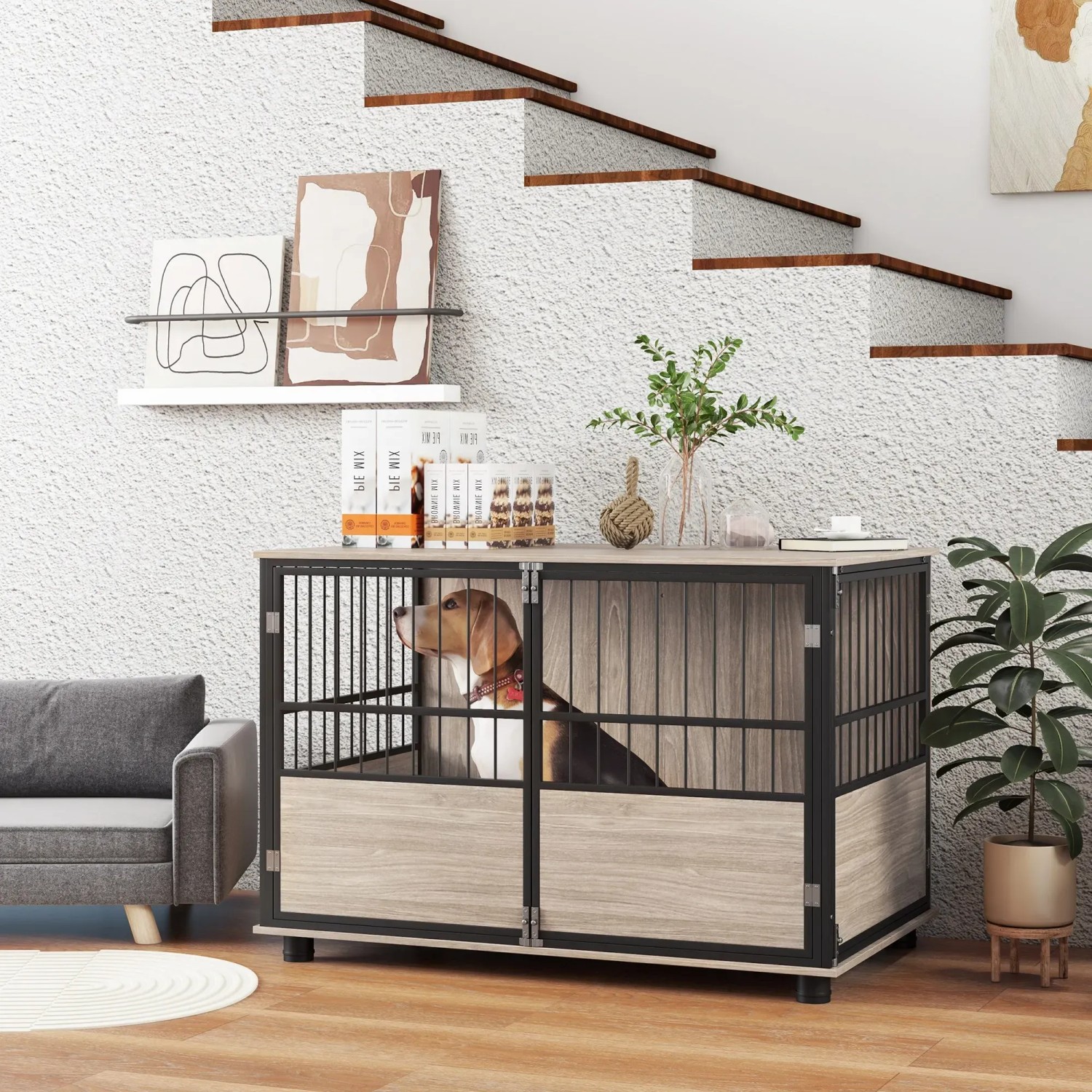 PawHut Hundekäfig (100x60x68cm) mit Türen, Holzoptik, mit Hund im Inneren.