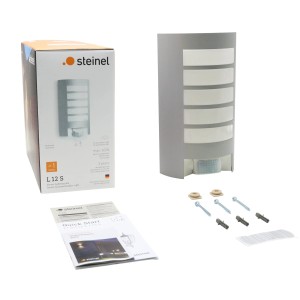 Steinel Außenwandleuchte L 12 S Silber mit Bewegungsmelder und Zubehör.