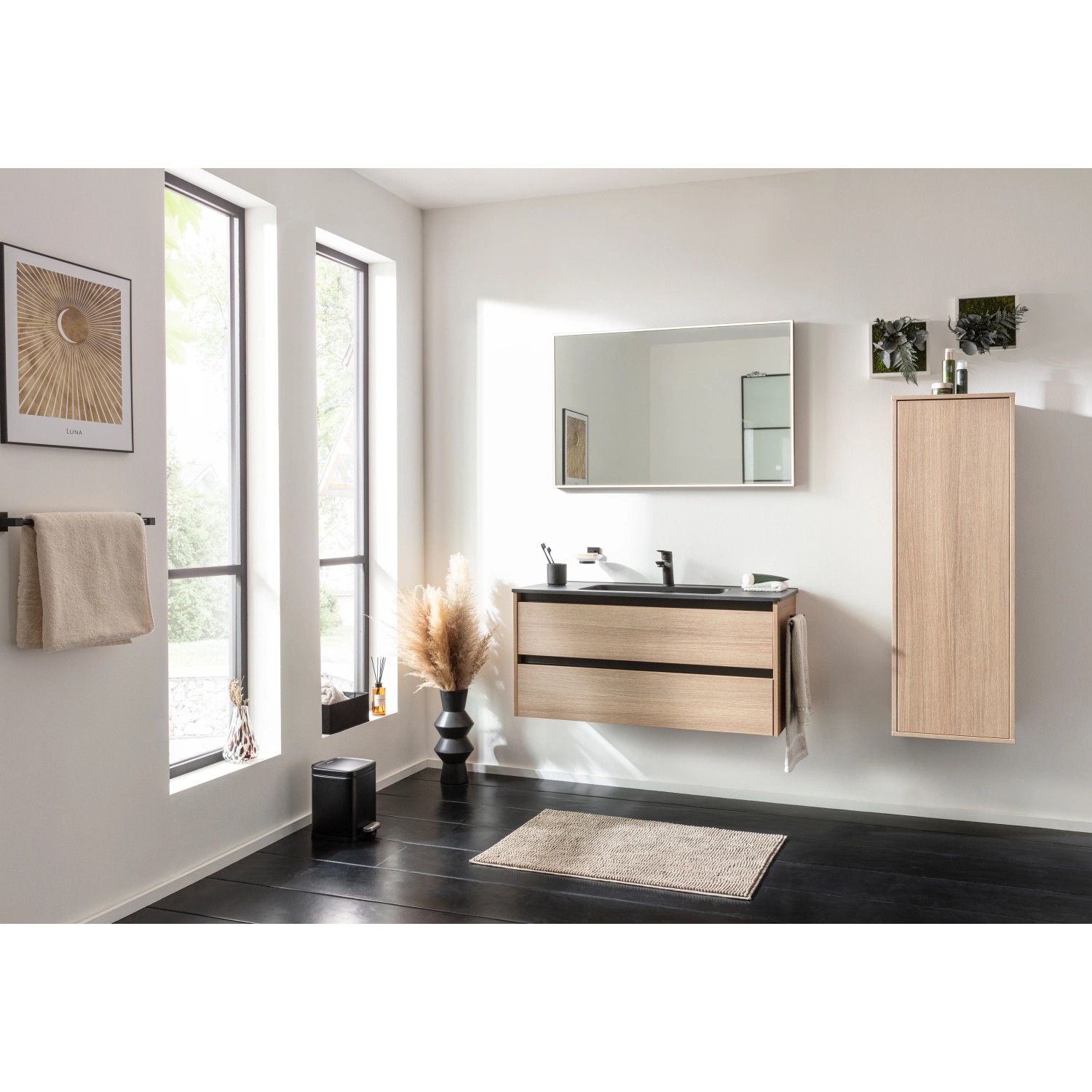 Fackelmann Vita Gusswaschtisch, 101 cm, matt schwarz, im modernen Badezimmer.