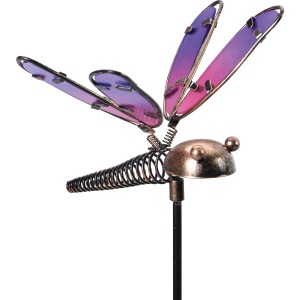 Gartenstecker Libelle lila, 95 cm, aus Metall und Glas, Dekoration für Garten und Beet.