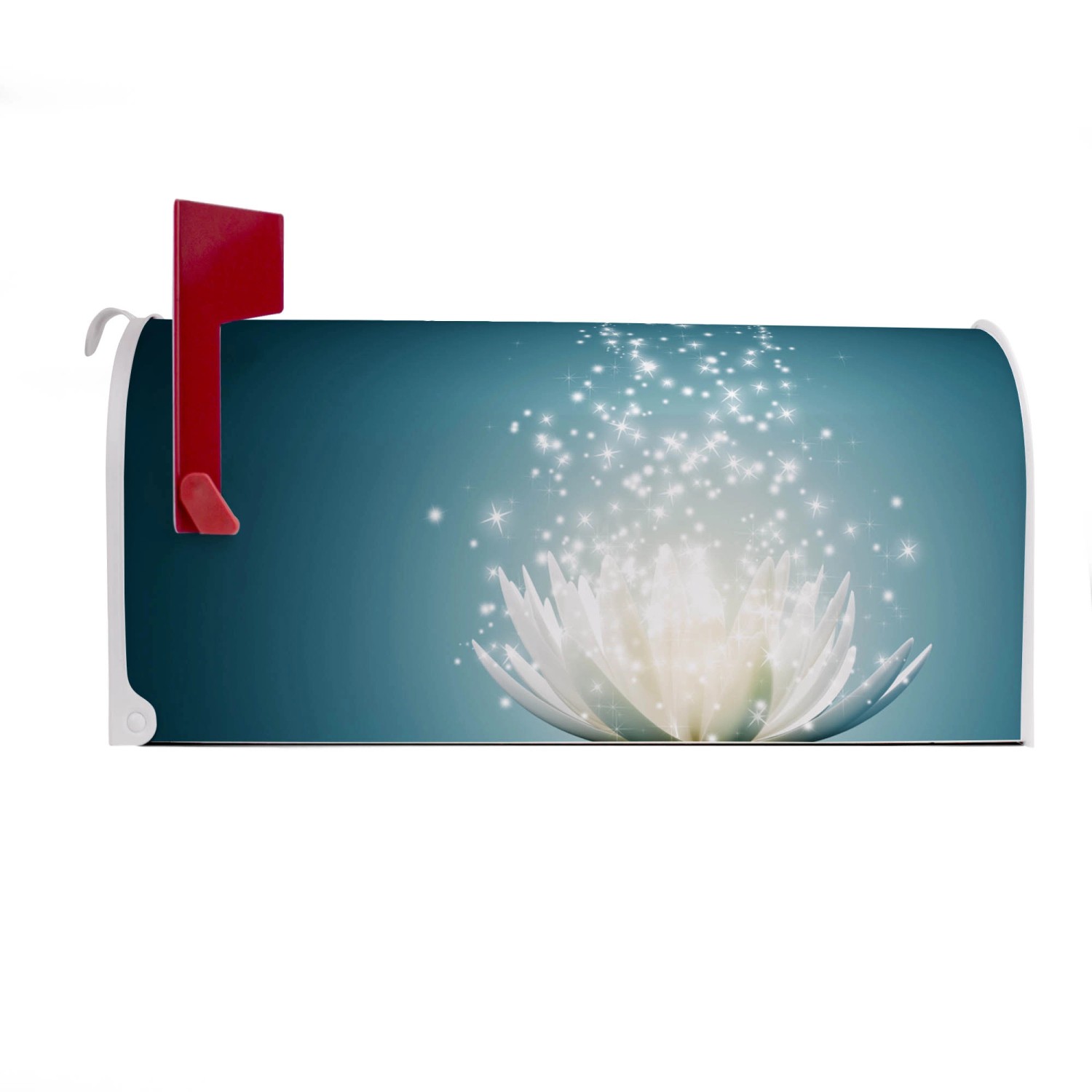 Weißer US Briefkasten mit Lotusblüte Motiv. Amerikanischer Postkasten aus Stahl, pulverbeschichtet.